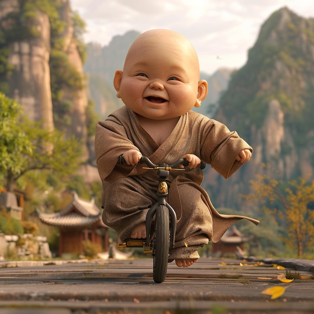 Adorable Baby Monk Cycling Adventure