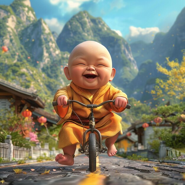 Adorable Baby Monk Cycling Adventure