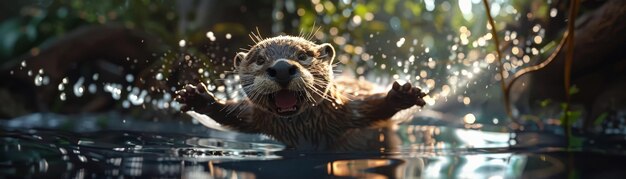 Photo adorable baby otter playfully swimming in a serene lake surrounded by lush green foliage creating a whimsical and joyful scene in nature