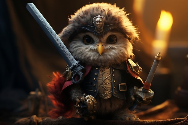 Adorable Baby Owl Playing with Pirate's Hat and Sword Toys Generative AI