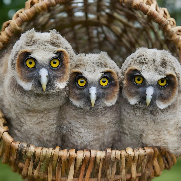 Photo adorable baby owls seated together in a woven basket