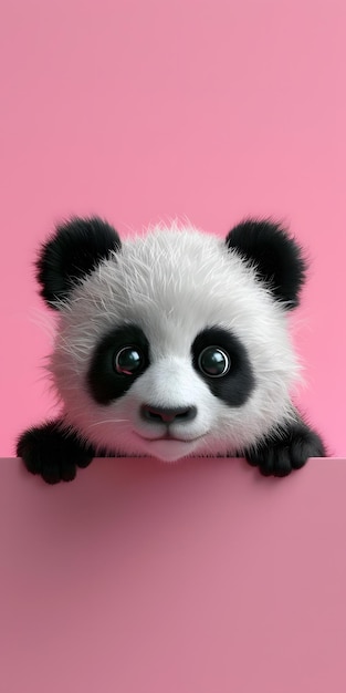 Photo adorable baby panda cub peeking over pink background