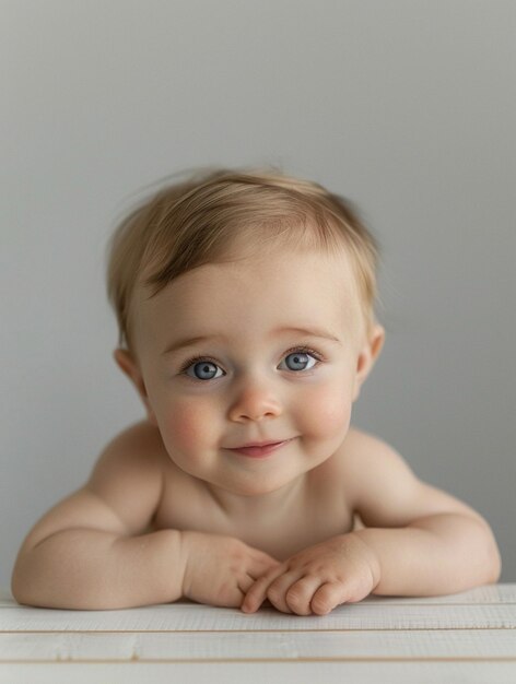 Adorable Baby Portrait with Bright Blue Eyes and Soft Smile