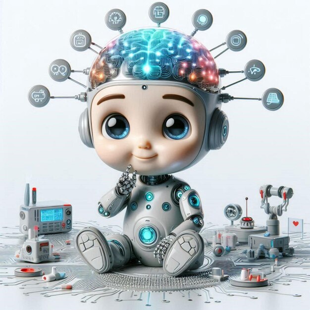 Photo adorable baby robot in a clean white background