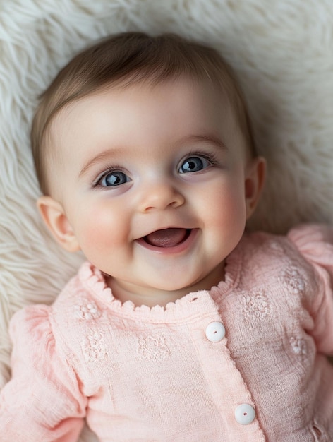 Adorable Baby Smiling on Soft Blanket Joyful Childhood Moments