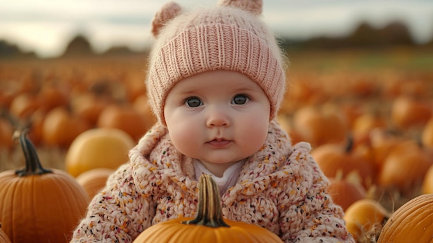 Adorable Baby Surrounded by Pumpkins in a Colorful Autumn Patch Capturing Seasonal Joy