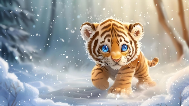 Adorable Baby Tiger Cub Strolling Through Snowy Woodland Scene