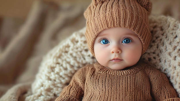 Adorable Baby in Tiny Hat with Serious Expression Captured in Vibrant Colorful Style