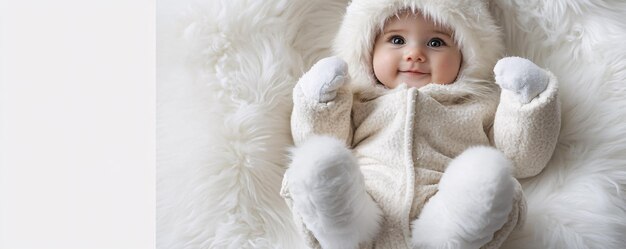 Photo adorable baby wearing winter clothes lying on fur