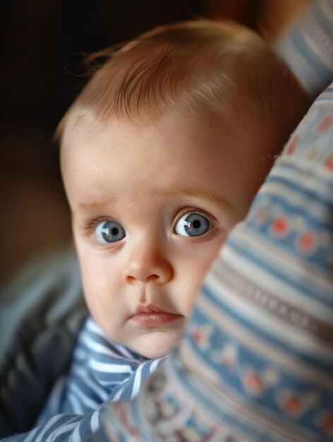 Adorable Baby with Big Blue Eyes in Parents Arms