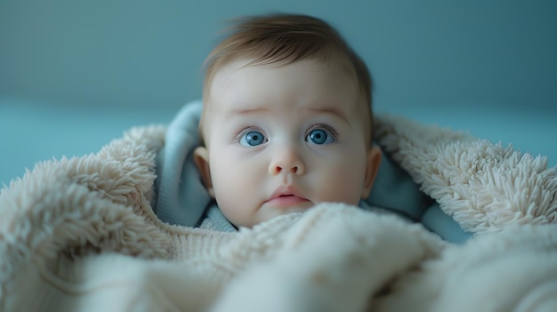 Adorable Baby with Big Blue Eyes Wrapped in a Cozy Blanket on a Soft Blue Background