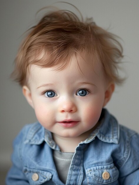 Photo adorable baby with blue eyes and messy hair in denim shirt