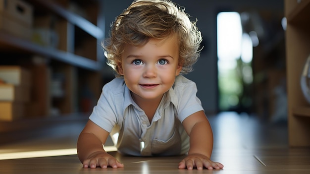 adorable baby with cat indoors at home