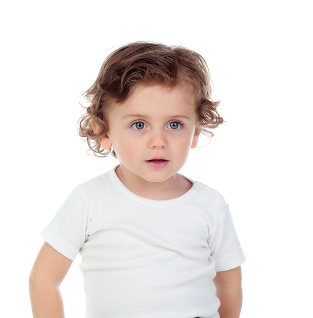 Adorable baby with curly hair isolated 