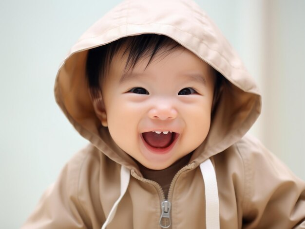 Adorable baby with vibrant clothing in a playful pose