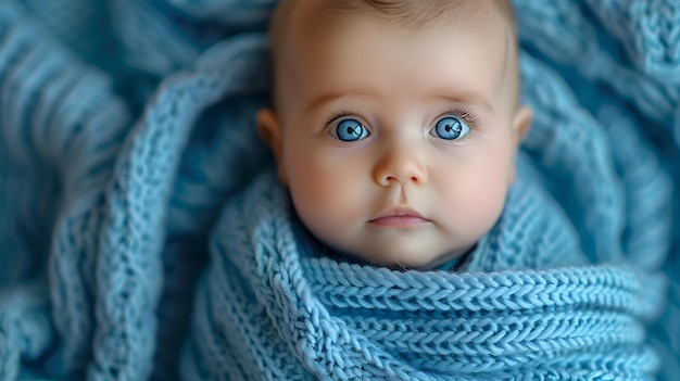 Adorable Baby Wrapped in Blue Knitted Blanket with Big Blue Eyes and Curious Expression