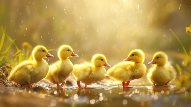 Adorable baby yellow ducklings standing in a line Easter spring Happy Easter