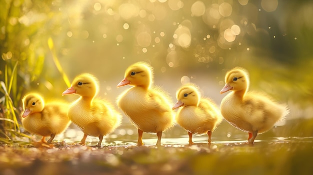 Adorable baby yellow ducklings standing in a line Easter spring Happy Easter