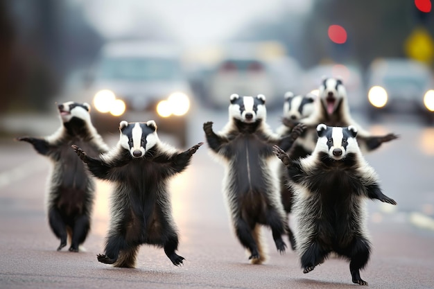 Photo adorable badgers crossing the road a funny wildlife moment