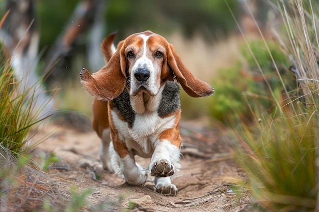 Adorable Basset Hound Dog Running Outdoors in a Natural Setting with Ears Flapping and Intense Gaze