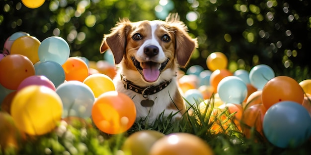 Adorable Beagle dog playing with colorful balloons in the garden