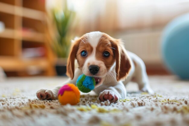 Photo an adorable beagle puppy playfully chews on a colorful toy ball on a carpeted floor radiating joy and liveliness in a bright cozy room