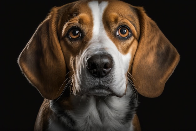 Photo adorable beagle puppy with a tricolor coat sitting in a dark background