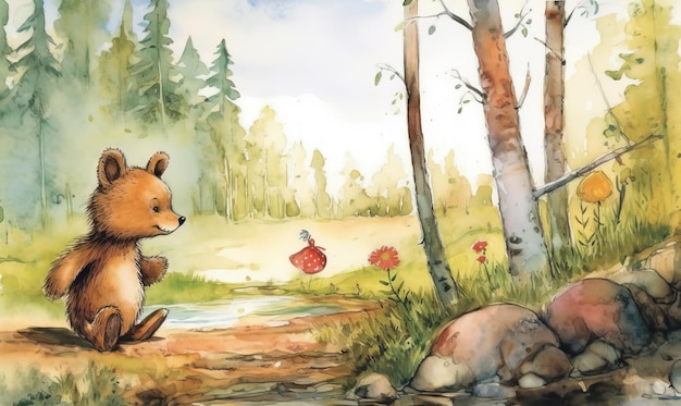 Adorable bear cub watercolor forest illustration for children's books Generated AI tools