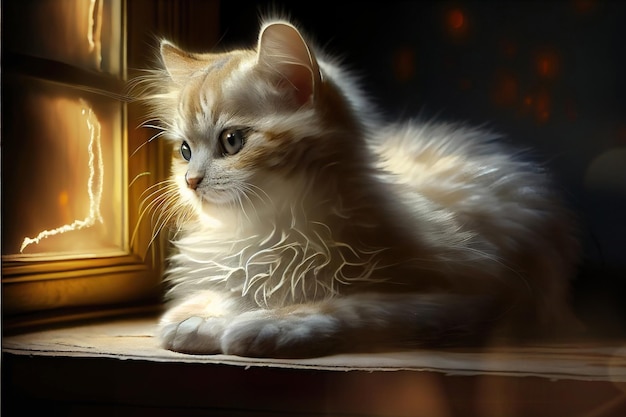 Adorable beautiful kitty looking through the window on a dark background made with Generative AI