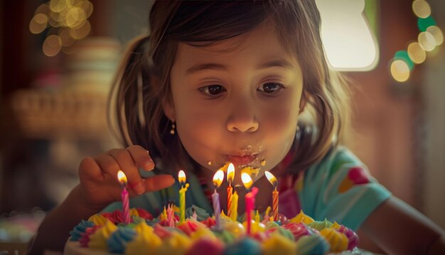 Photo adorable birthday girl blowing out candles on her favorite cake