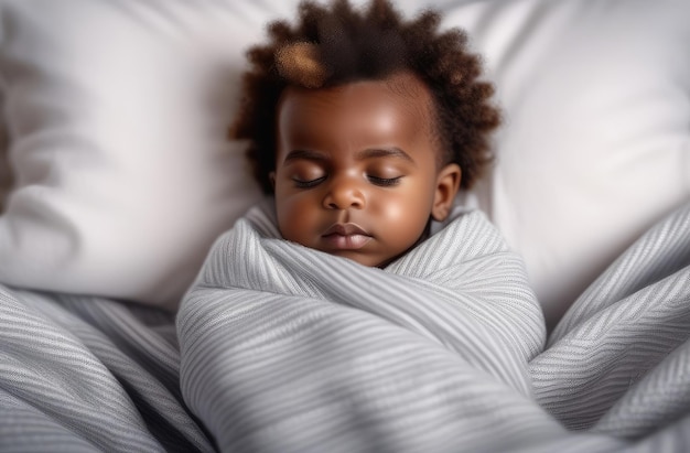 adorable black baby boy wrapped in soft blanket child sleeping peacefully in warm bed