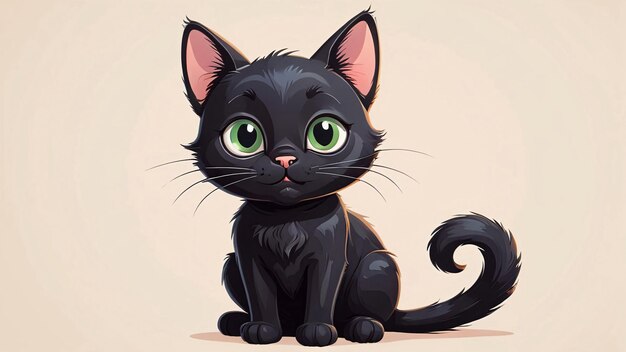 Adorable black kitten with green eyes curled tail sitting on a cream background