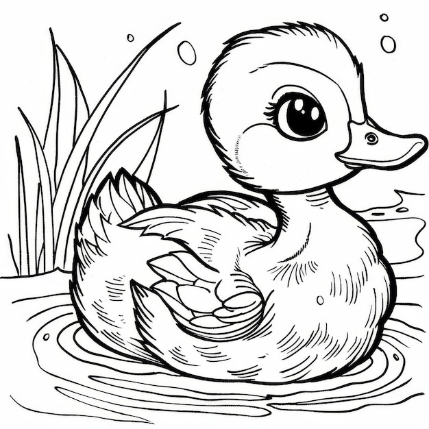 Photo adorable black and white illustration of a duckling swimming in a pond designed as a coloring page for kids