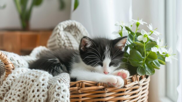 An adorable black and white kitten sleeping soundly in a wicker basket lined with a soft blanket next to a blooming houseplant