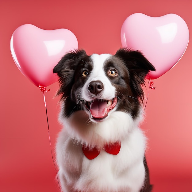 Adorable border collie dog with hear shape balloon isolated love and romance valentines day