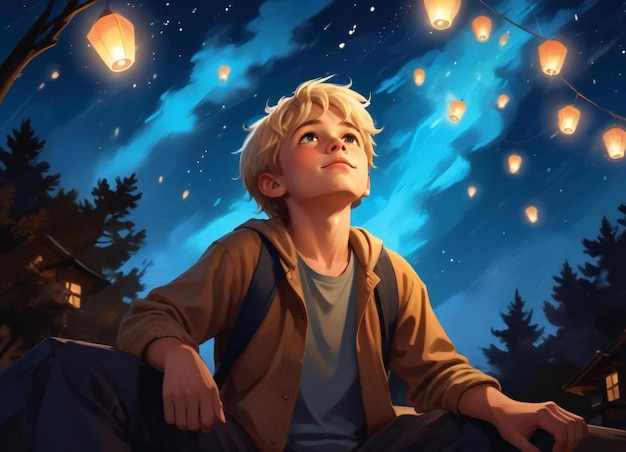 Photo adorable boy in a fantasy world background hyper realistic wallpaper