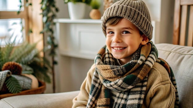 Adorable Boy in Knitted Hat and Scarf Smiling