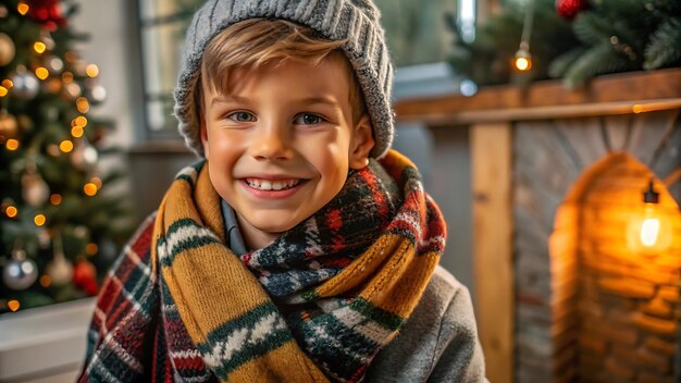 Adorable Boy Smiles by Christmas Tree and Fireplace