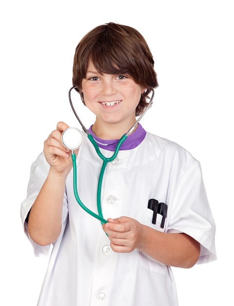 Adorable boy with clothes of doctor isolated on white