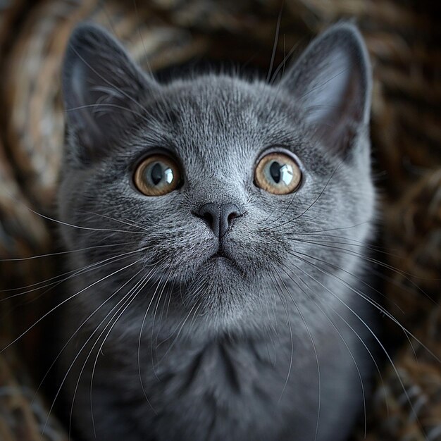 Photo adorable british blue and white shorthair cat posing playfully in light