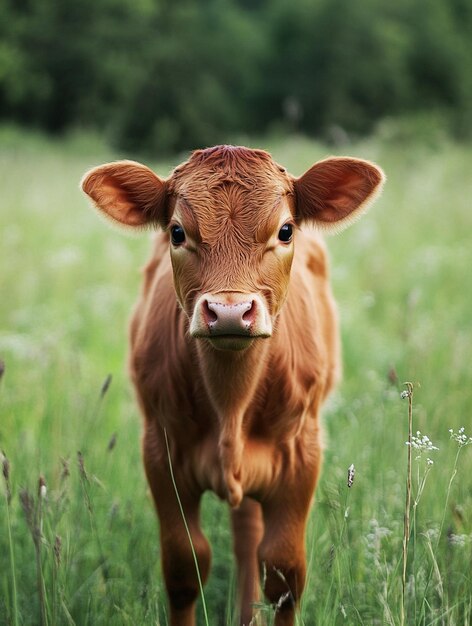 Adorable Brown Calf in Lush Green Pasture Farm Life and Nature