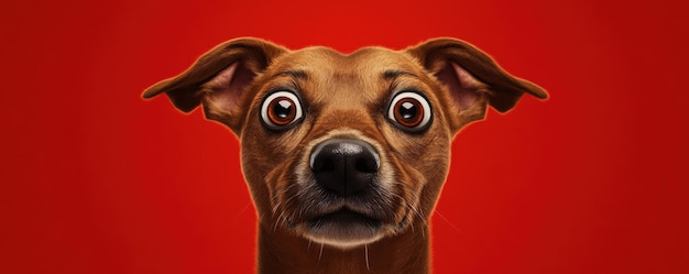 Photo adorable brown dog with big expressive eyes gazing upward against a vibrant red background capturing curiosity and cuteness