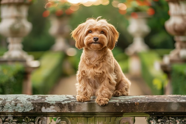 Adorable Brown Fluffy Dog Sitting on a Stone Fence in Sunlit Garden Looking Forward with Curious