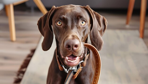 Adorable brown German Shorthaired Pointer dog holding leash in mouth indoors