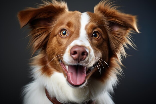 Adorable brown and white base dog smiling and giving about five isolated in whit generative IA