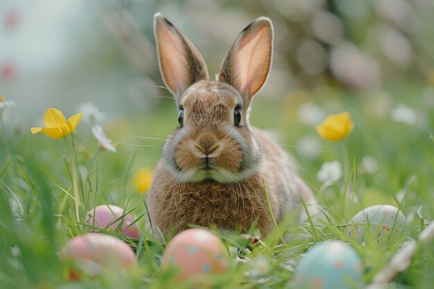 Adorable Bunny Amidst Easter Eggs in Blossoming Meadow