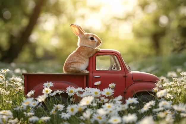 Adorable Bunny Riding in a Vintage Red Truck