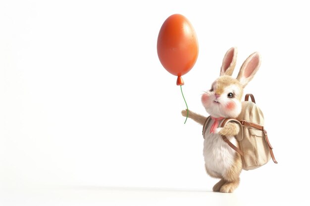 Adorable Bunny with Balloon and Backpack on white background