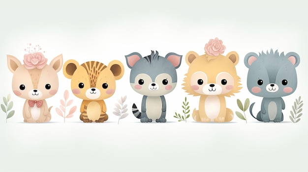 Adorable Cartoon Animals with Floral Accents