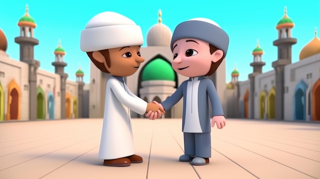 Adorable Cartoon Avatar of Muslim Boys Shaking Hands Mosque on Background Eid Mubarak Concept GenerativeAI Digital Illustration